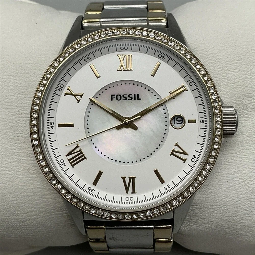 Fossil Blythe Womens Watch 38mm MOP Two Tone Crystal Date New Battery 5.75